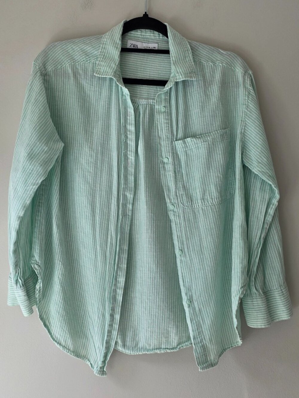 ZARA Kids Girls Sage Green Striped Linen Blend Button Down Shirt Size 11-12 EUC